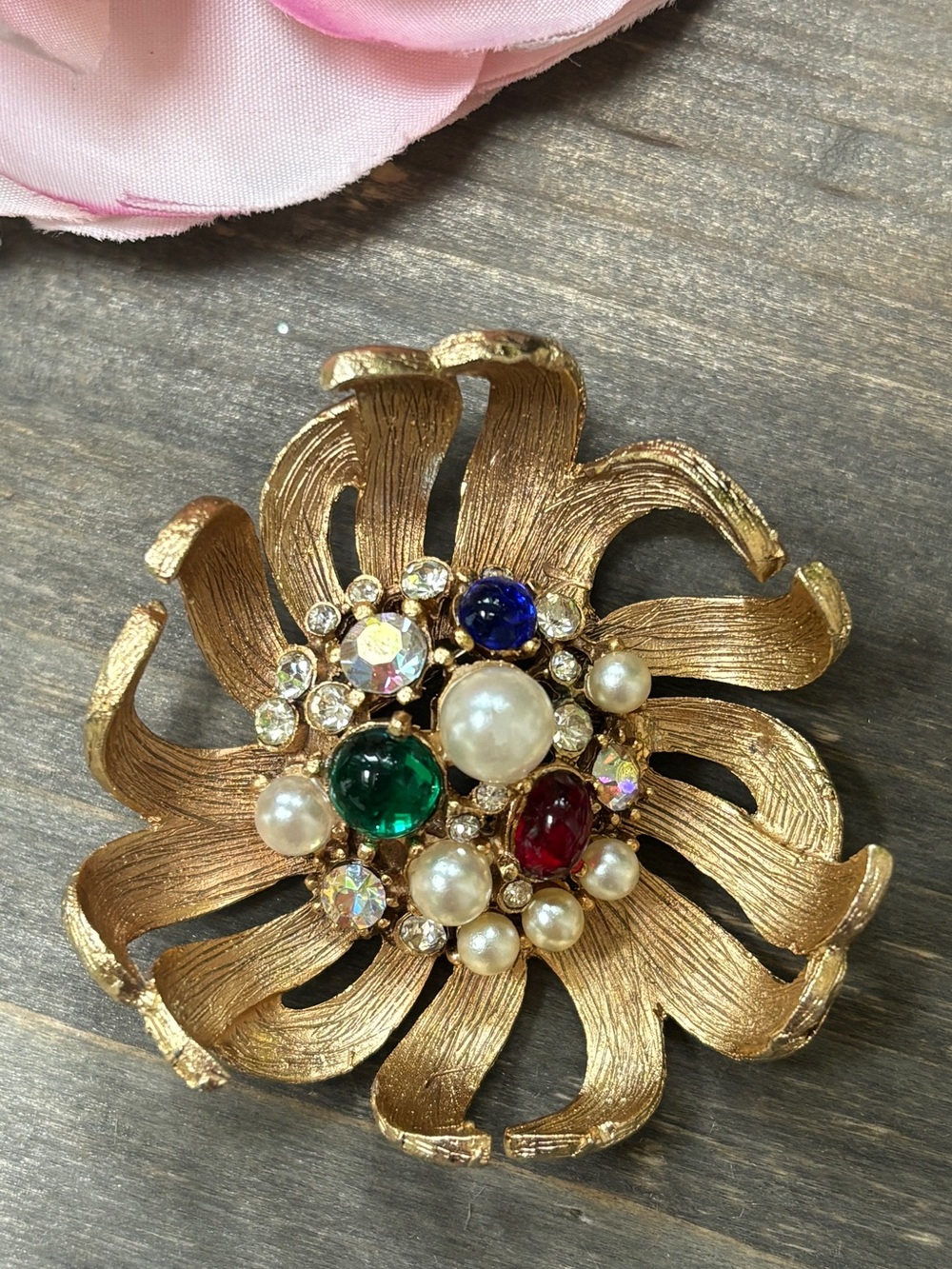 Vintage Gold Floral Brooch with Multicolor Stones and Pearls